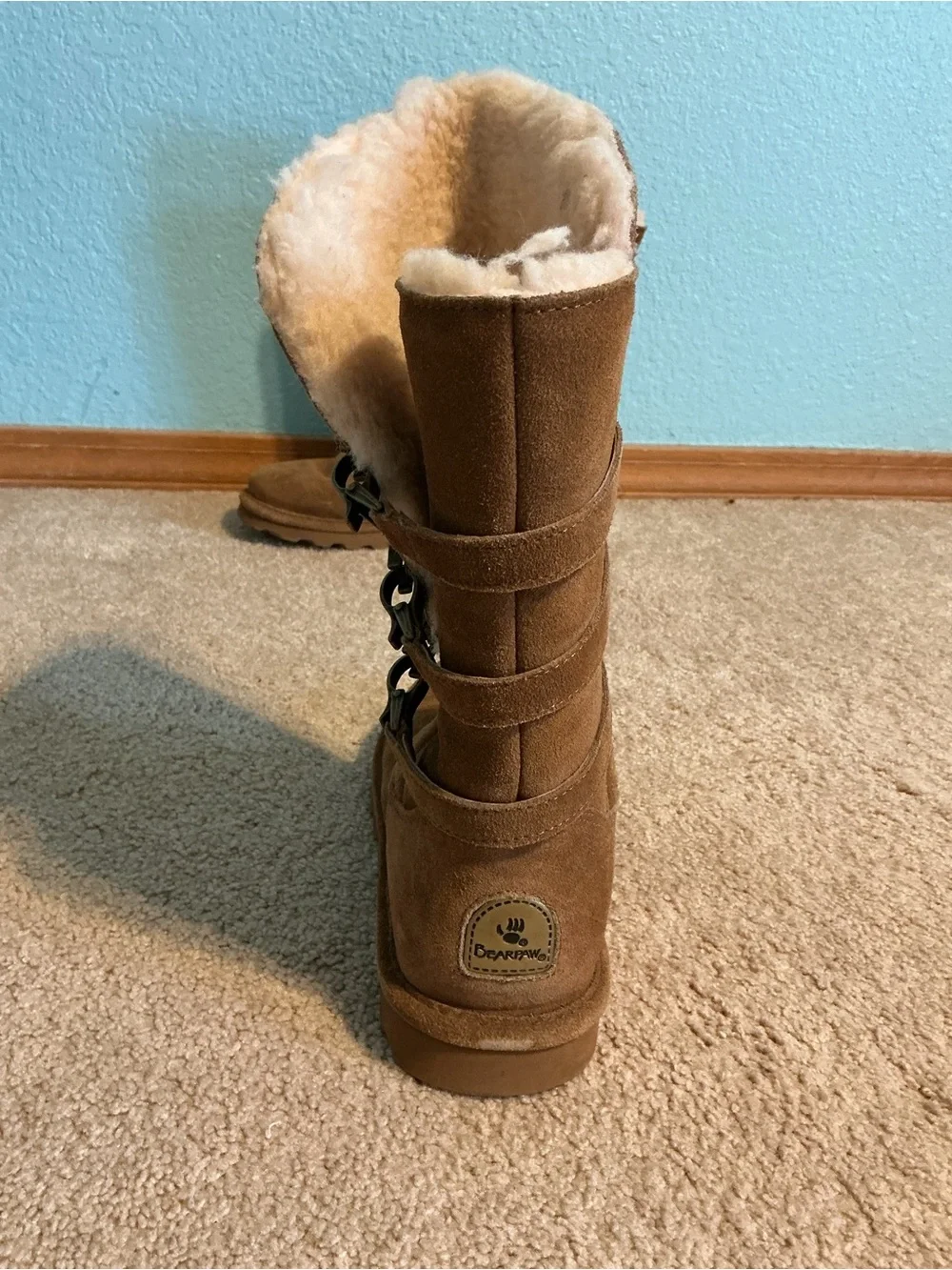 BearPaw Women's Brown Suede Mid-Calf Shearling Boot with Buckles